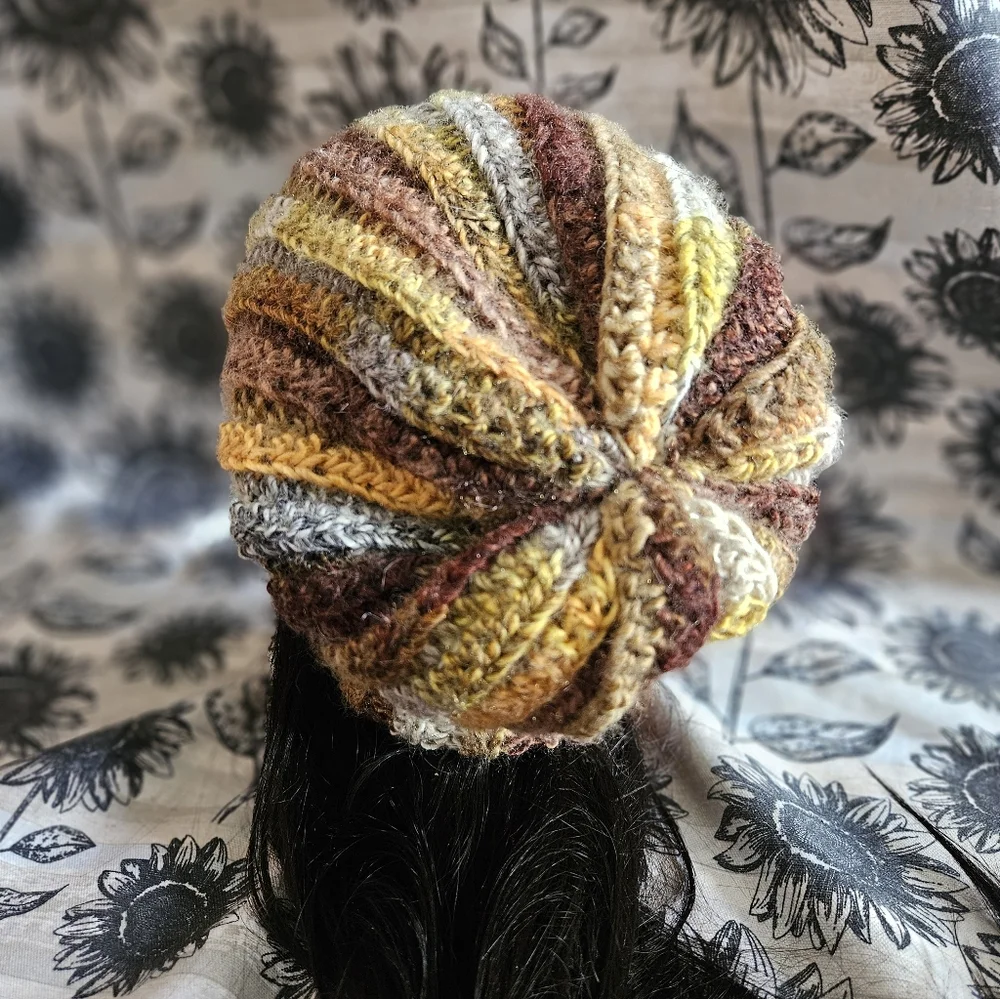 Crochet Wool Mix Slouchy Green Brown Beanie Hat - Picture 8 of 12